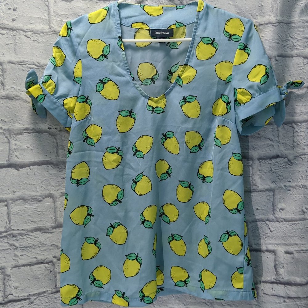 Modcloth blue lemon blouse top 🍋
